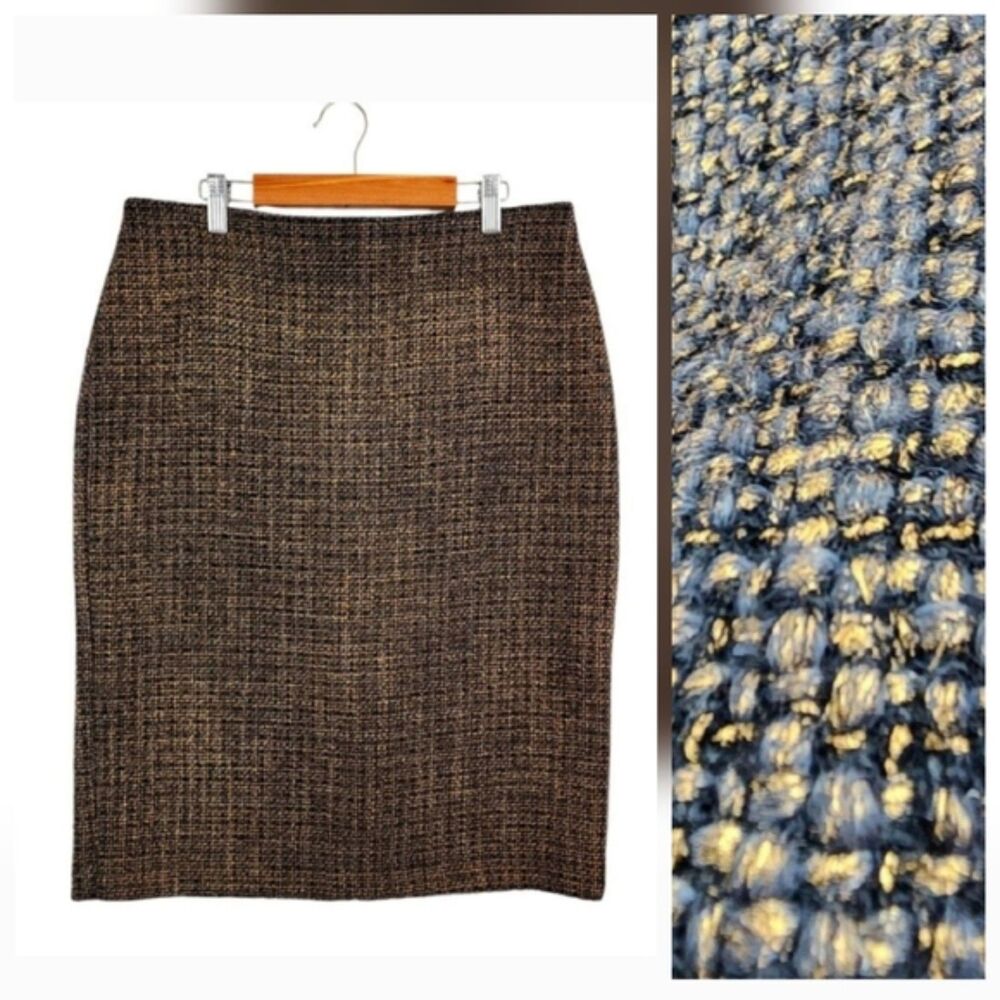 Talbots Tweed Pencil Skirt Gold Metallic Wool Blend Lined Size 8 Holiday Career